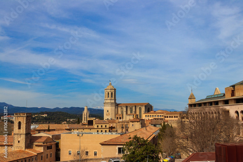 Panoramic view of Girona viewed from the medieval city walls, Catalonia, Spain