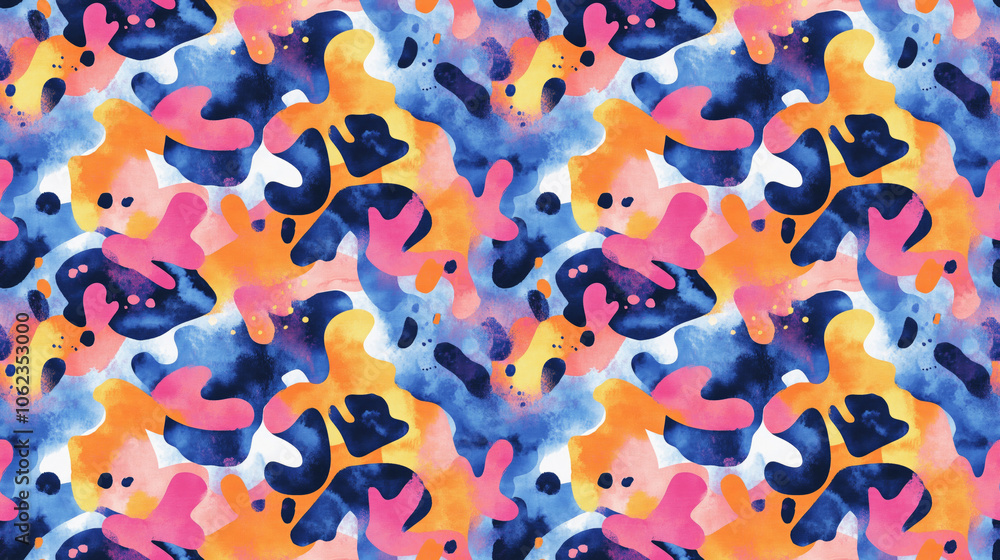 Fototapeta premium Vibrant seamless watercolor camouflage pattern featuring hand drawn abstract psychedelic designs for modern fabric and wallpaper applications swimwear sportswear