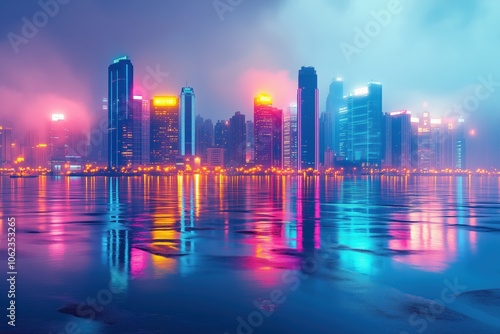 City skyline at dusk with skyscrapers reflecting neon lights