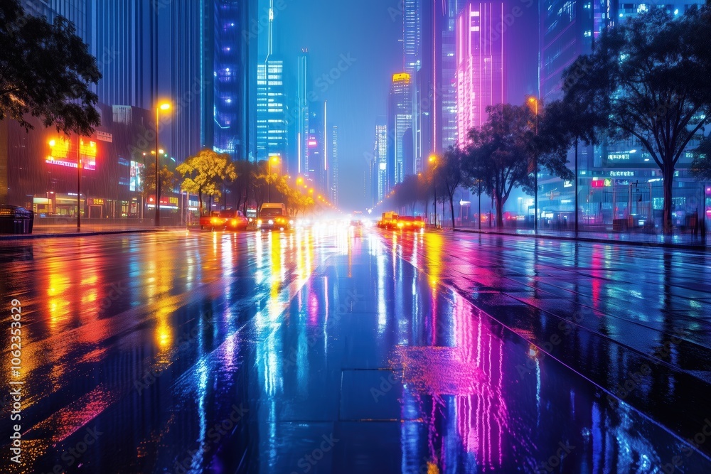 Neon lights reflecting off skyscrapers in a city at dusk Neon lights reflecting off skyscrapers in a city at dusk