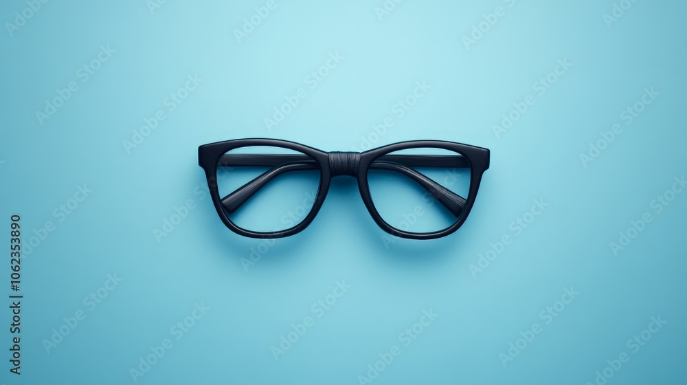 Fototapeta premium Black glasses, moustache, and bowtie on light blue background stock image