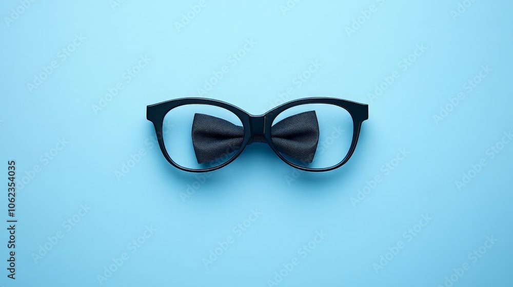 Fototapeta premium Black glasses, moustache, and bowtie on light blue background stock image