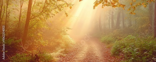 Misty forest path with sunlight filtering through the fog and illuminating the dewy leaves photo