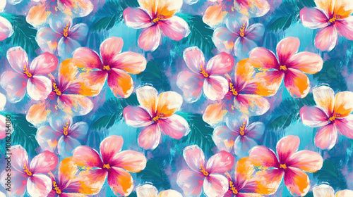 Vibrant tropical flower seamless pattern perfect for summer fabrics hand drawn acrylic painting