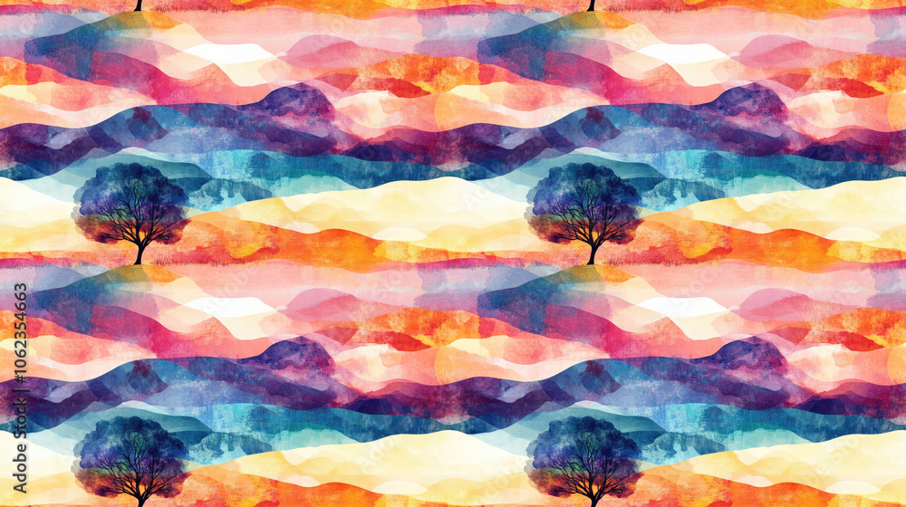 Naklejka premium Seamless pattern of abstract colorful shapes overlaying a tranquil tree and field landscape at sunrise in watercolor style