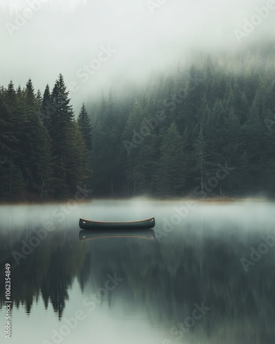 Fototapeta Naklejka Na Ścianę i Meble -  Misty lake surrounded by evergreen trees, with a lone canoe drifting quietly on the glassy surface