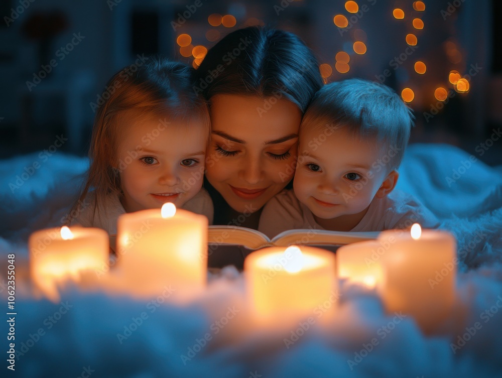 A mother and her two children are cozily reading a book together, surrounded by glowing candles, creating a warm and joyful atmosphere. A mother and her two children are cozily reading a book together, surrounded by glowing candles, creating a warm and joyful atmosphere.