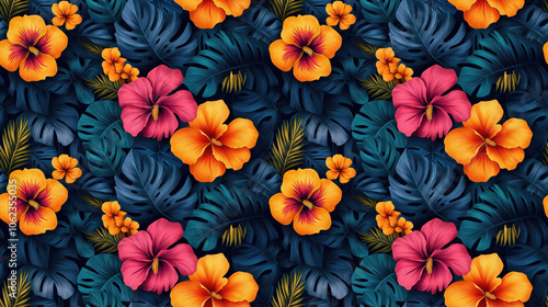 Creative seamless pattern featuring hand drawn tropical leaves and vibrant flowers perfect for fabric design or home decor