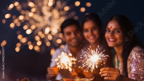 Diwali Celebration with Family and Fireworks at Night photo