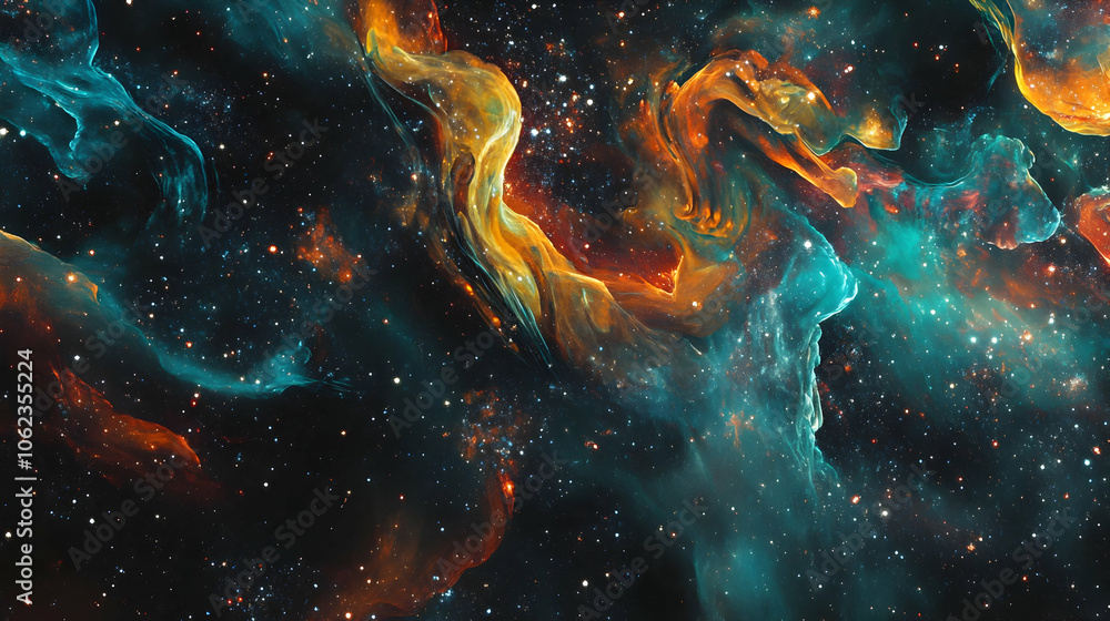 A fiery and vivid depiction of space featuring orange and teal nebulae intertwined with black voids, creating a dynamic galactic atmosphere. A fiery and vivid depiction of space featuring orange and teal nebulae intertwined with black voids, creating a dynamic galactic atmosphere.