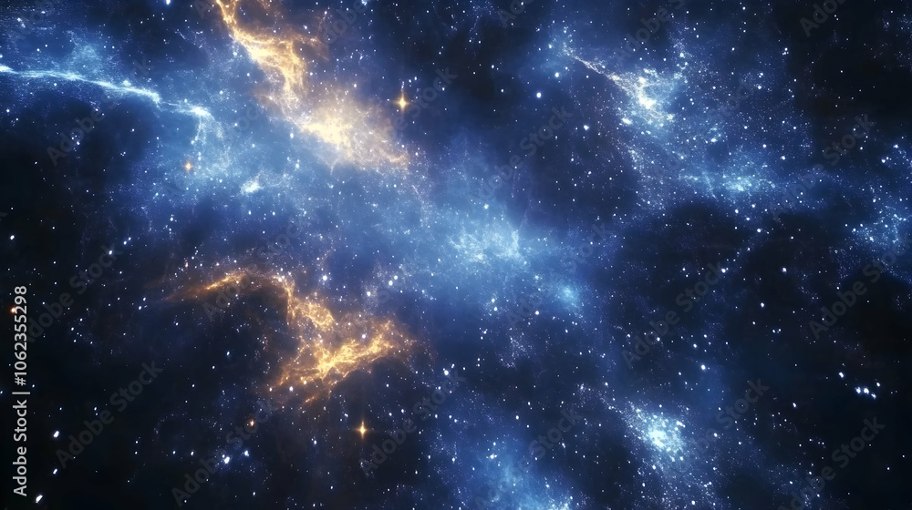 A cosmic depiction of a galaxy, featuring vibrant golden and blue nebulae amidst a field of stars, evoking the vastness of the universe. A cosmic depiction of a galaxy, featuring vibrant golden and blue nebulae amidst a field of stars, evoking the vastness of the universe.