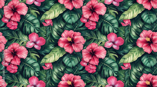 Watercolor seamless pattern featuring tropical leaves and vibrant hibiscus orchid and begonia flowers ideal for surface design applications