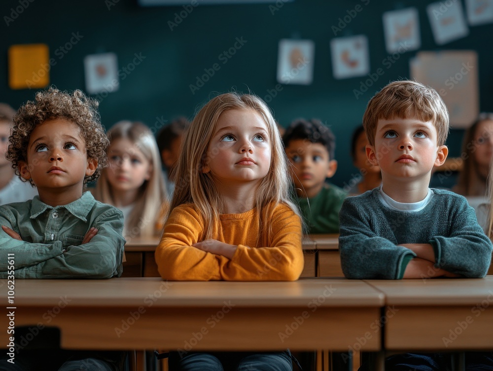 A diverse group of toddlers sits attentively in a classroom with colorful decor, focusing on a lesson. They appear curious and engaged. A diverse group of toddlers sits attentively in a classroom with colorful decor, focusing on a lesson. They appear curious and engaged.