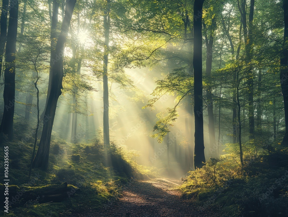 Naklejka premium Misty morning in a dense forest, with sunlight filtering through the trees and illuminating the dewy ground