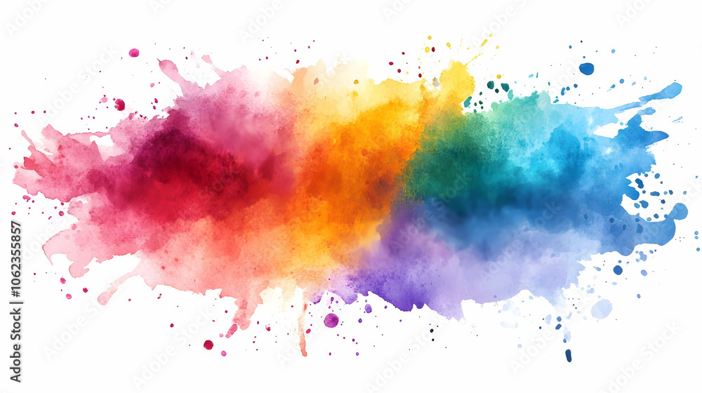 Fototapeta premium An artistic depiction of a vibrant rainbow-colored paint splash with energetic blends of red, yellow, green, blue, and purple on a white background.