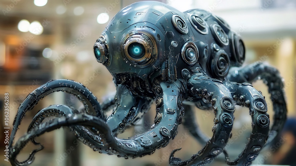 A metallic octopus with glowing blue eyes, rendered in 3D. A metallic octopus with glowing blue eyes, rendered in 3D.