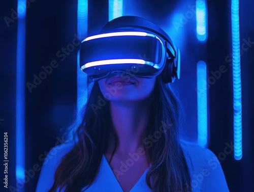 A woman with a VR headset explores a virtual environment, bathed in futuristic blue light. The image conveys a sense of immersion and technological advancement.