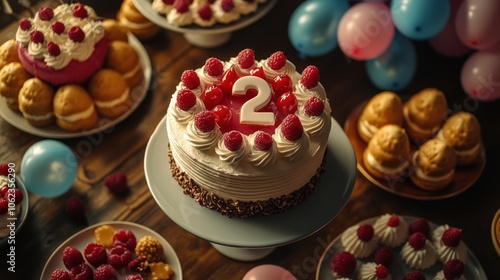 A birthday cake with a white number 2 on top surrounded by raspberries and whipped cream, with other cakes and balloons in the background on a rustic wooden table. photo