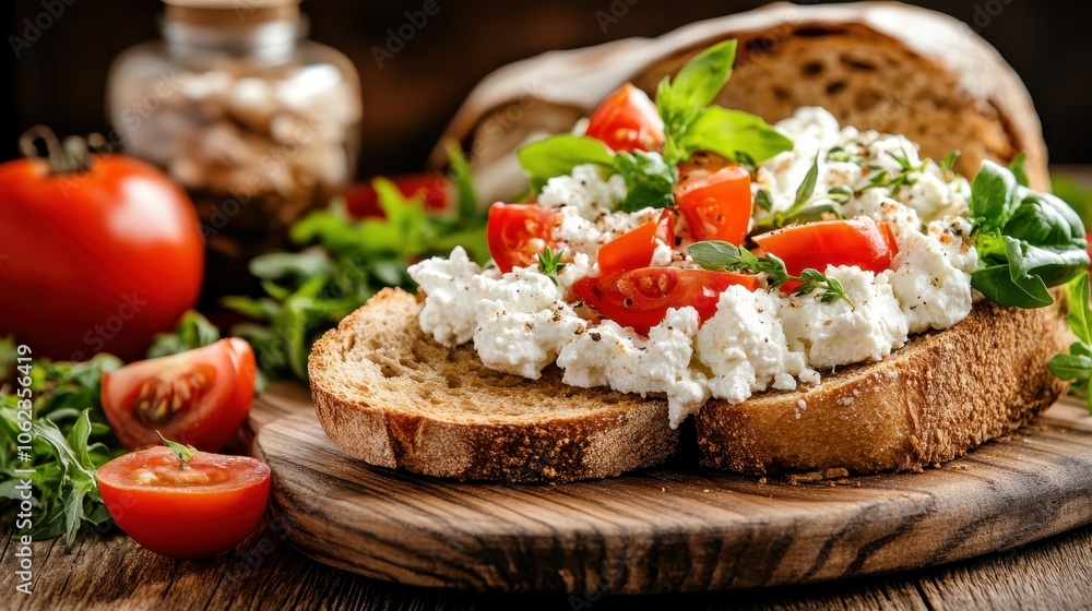 A delectable open-faced sandwich topped with creamy ricotta cheese and fresh cherry tomatoes, garnished with herbs, displayed on a rustic wooden board. A delectable open-faced sandwich topped with creamy ricotta cheese and fresh cherry tomatoes, garnished with herbs, displayed on a rustic wooden board.