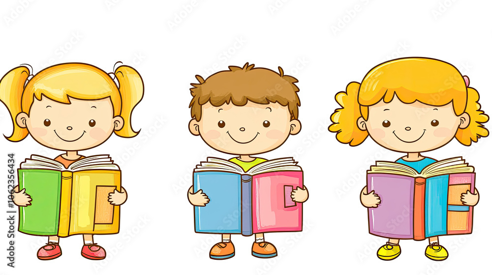Cartoon Children Joyfully Reading Books With Bright Colors Generative AI Cartoon Children Joyfully Reading Books With Bright Colors Generative AI