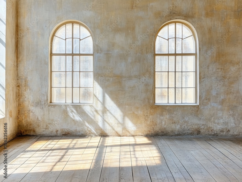 A serene empty room with two arched windows casting soft light on the weathered wooden floor, creating a peaceful atmosphere. A serene empty room with two arched windows casting soft light on the weathered wooden floor, creating a peaceful atmosphere.