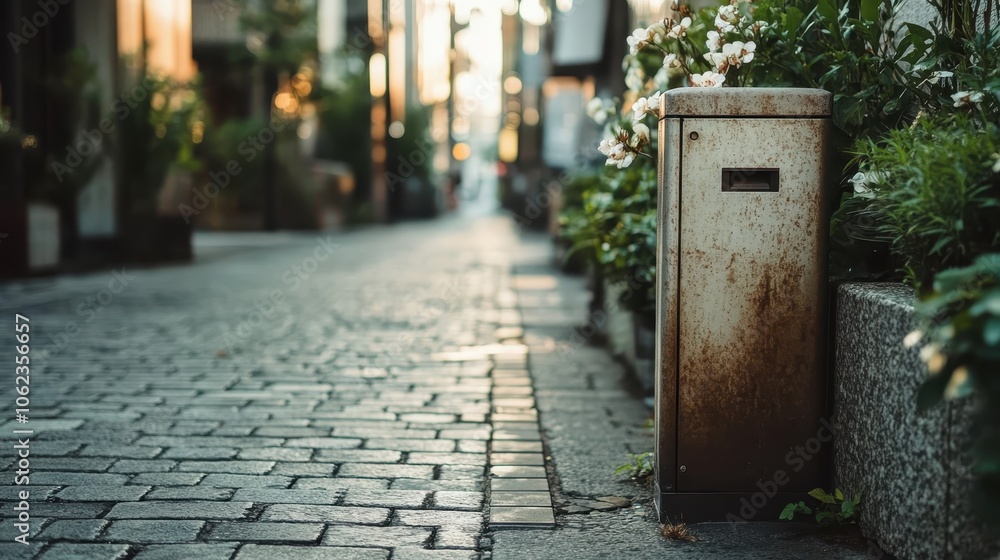 A quaint, rusted mailbox stands along a cobbled street adorned with flowers, capturing a charming mix of urban life and rustic simplicity in the warm glow. A quaint, rusted mailbox stands along a cobbled street adorned with flowers, capturing a charming mix of urban life and rustic simplicity in the warm glow.