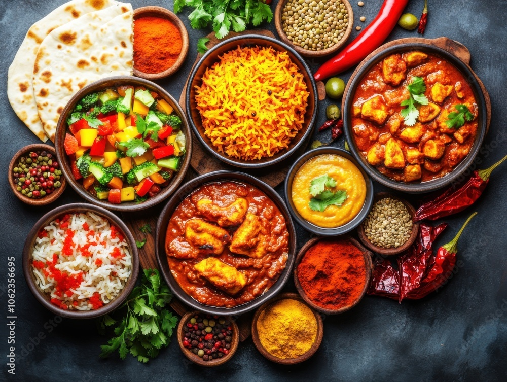 A vibrant assortment of Indian dishes on a dark rustic background, featuring colorful curries, rice, bread, and spices arranged in bowls. A vibrant assortment of Indian dishes on a dark rustic background, featuring colorful curries, rice, bread, and spices arranged in bowls.