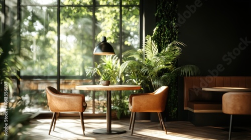 A cozy seating area in a cafe surrounded by lush greenery, featuring two leather chairs, a wooden table, and warm ambient lighting creating a tranquil atmosphere.