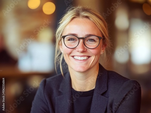 A young, cheerful business woman with glasses smiles warmly in a professional setting. The background is softly blurred, creating a cozy atmosphere.