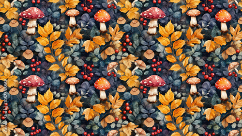 Seamless watercolor pattern featuring autumn berries vibrant leaves and mushrooms ideal for fabric design and seasonal decorations
