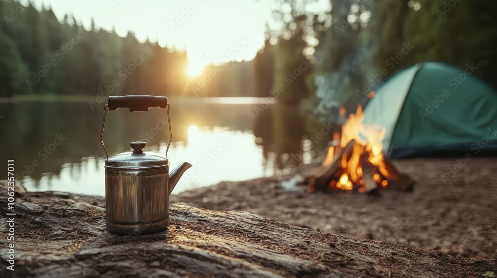 A campsite by a tranquil lake featuring a tent, glowing campfire, and kettle, capturing the warmth of camping and the calming influence of nature at sunset. A campsite by a tranquil lake featuring a tent, glowing campfire, and kettle, capturing the warmth of camping and the calming influence of nature at sunset.