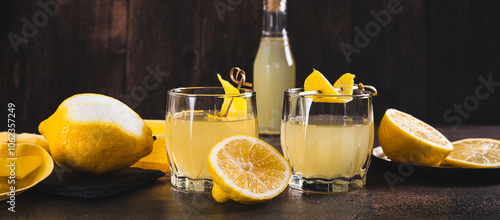 Obraz na płótnie Traditional homemade limoncello in glasses on the table web banner w salonie