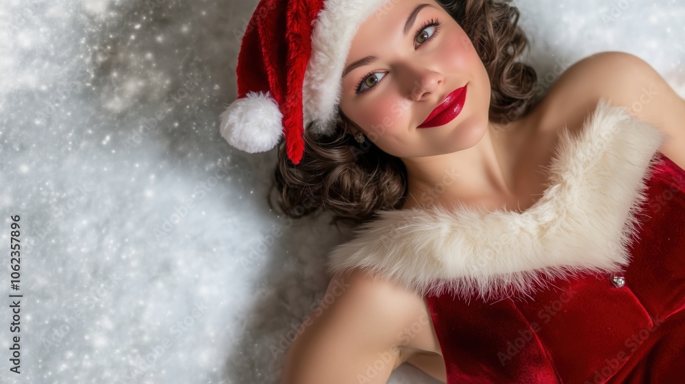 Christmas spirit with glamorous woman in red velvet Santa dress