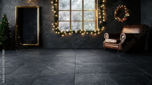 A dark stone floor with matte finish, matched with a leather armchair, brass-framed mirror, and holiday lights draped around the window. photo