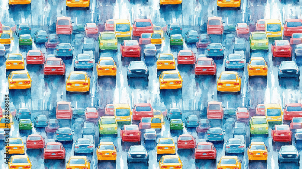 Fototapeta premium Watercolor illustration of traffic flowing on a vibrant city street seamless pattern design