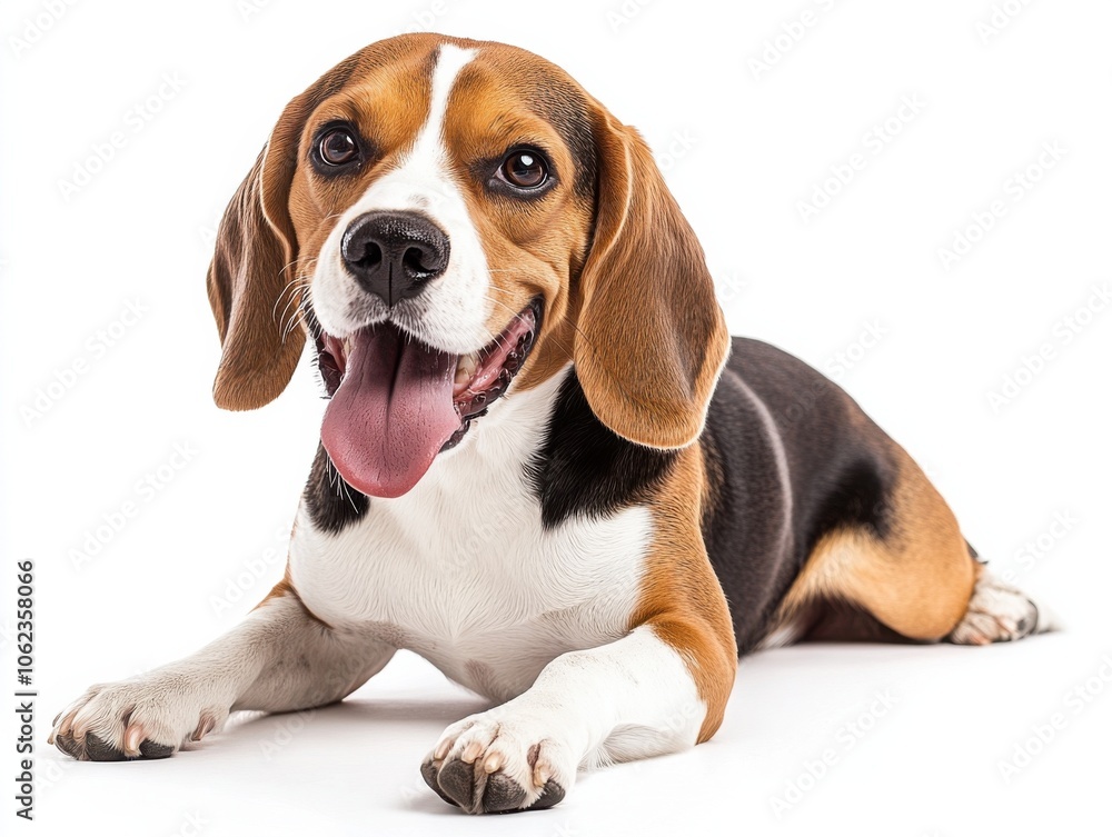 A joyful Beagle dog lies on a white background, exuding happiness with its tongue out, expressive eyes, and relaxed posture. A joyful Beagle dog lies on a white background, exuding happiness with its tongue out, expressive eyes, and relaxed posture.