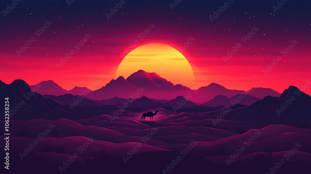 A lone camel stands silhouetted against a vibrant sunset over a desert landscape with mountains in the distance. A lone camel stands silhouetted against a vibrant sunset over a desert landscape with mountains in the distance.
