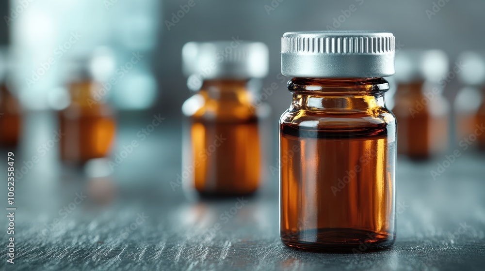 Tiny amber bottles with sleek silver caps are artfully arranged on a dark, reflective table, creating a modern and minimalist aesthetic in a laboratory setting. Tiny amber bottles with sleek silver caps are artfully arranged on a dark, reflective table, creating a modern and minimalist aesthetic in a laboratory setting.