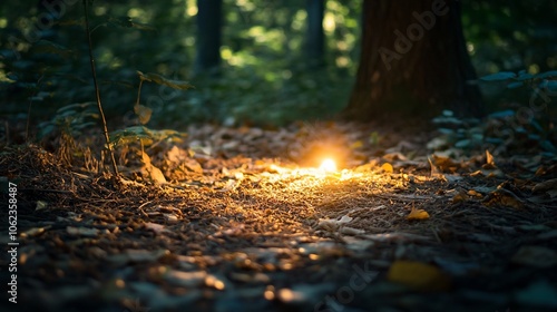 Sunlight shining through the leaves in a forest, illuminating the ground with a warm glow.