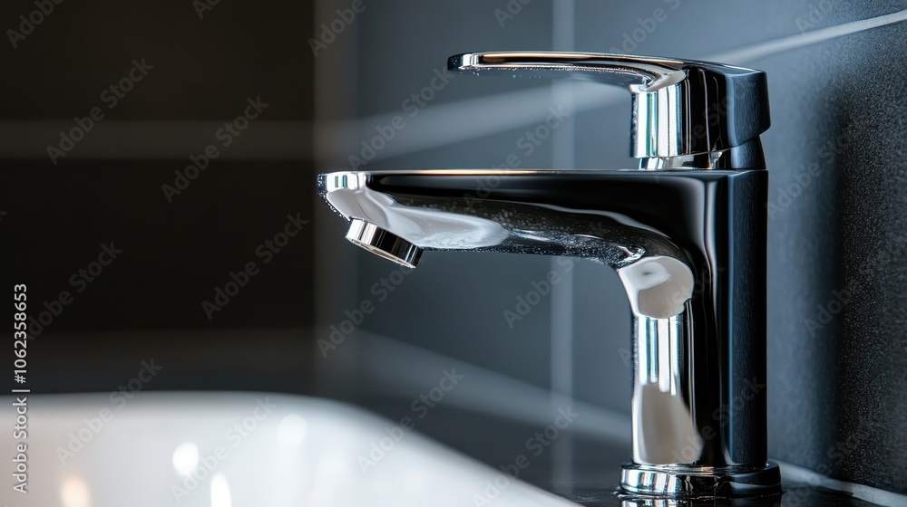 Close-up of a modern, shiny chrome faucet set against a sleek, black-tiled wall, demonstrating contemporary design and elegance suitable for modern home aesthetics. Close-up of a modern, shiny chrome faucet set against a sleek, black-tiled wall, demonstrating contemporary design and elegance suitable for modern home aesthetics.
