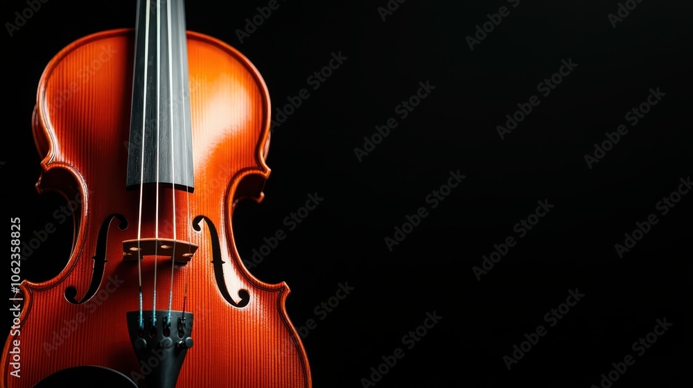 A finely crafted violin is showcased against a stark black background. The lighting highlights its polished wood and elegant strings, creating a sense of musical artistry. A finely crafted violin is showcased against a stark black background. The lighting highlights its polished wood and elegant strings, creating a sense of musical artistry.