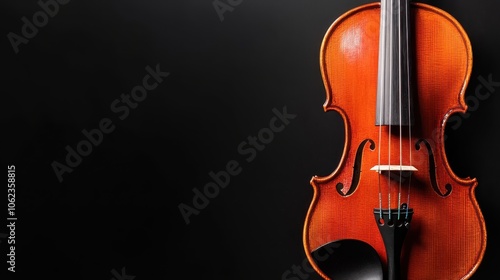 An upright display of a violin against a simple black background, highlighting its exquisite wooden polish and delicate string structure, embodies elegance and tradition.