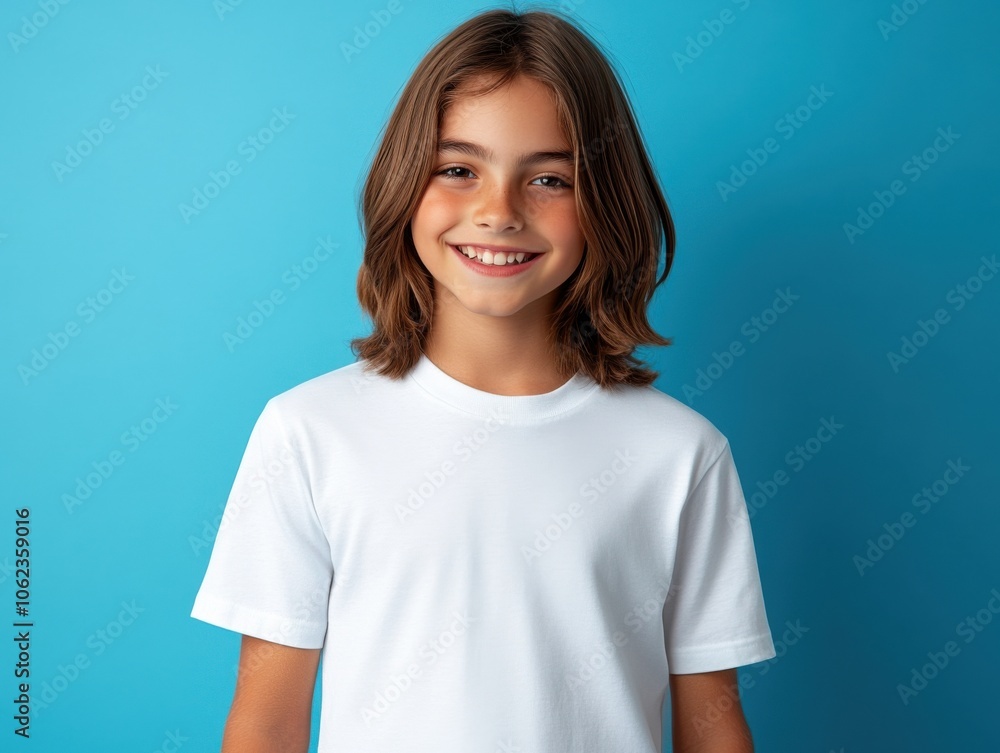 A smiling boy with long hair wears a plain white shirt against a bright blue background, exuding a cheerful and vibrant mood. A smiling boy with long hair wears a plain white shirt against a bright blue background, exuding a cheerful and vibrant mood.