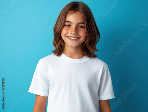 A smiling boy with long hair wears a plain white shirt against a bright blue background, exuding a cheerful and vibrant mood.