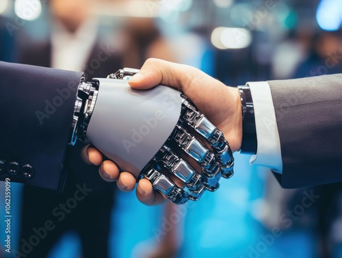 A business handshake between a human and a robot, symbolizing cooperation in technology and industry with a futuristic ambiance.