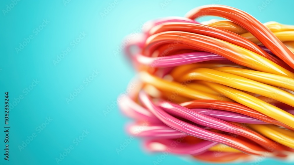 A vibrant close-up image of twisted colorful candies against a bright surface, offering a playful and cheerful visual experience full of color and creativity. A vibrant close-up image of twisted colorful candies against a bright surface, offering a playful and cheerful visual experience full of color and creativity.