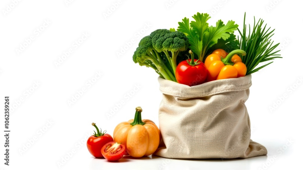 mesh bag of Fresh assorted vegetables made from canvas fabric on a white background mesh bag of Fresh assorted vegetables made from canvas fabric on a white background