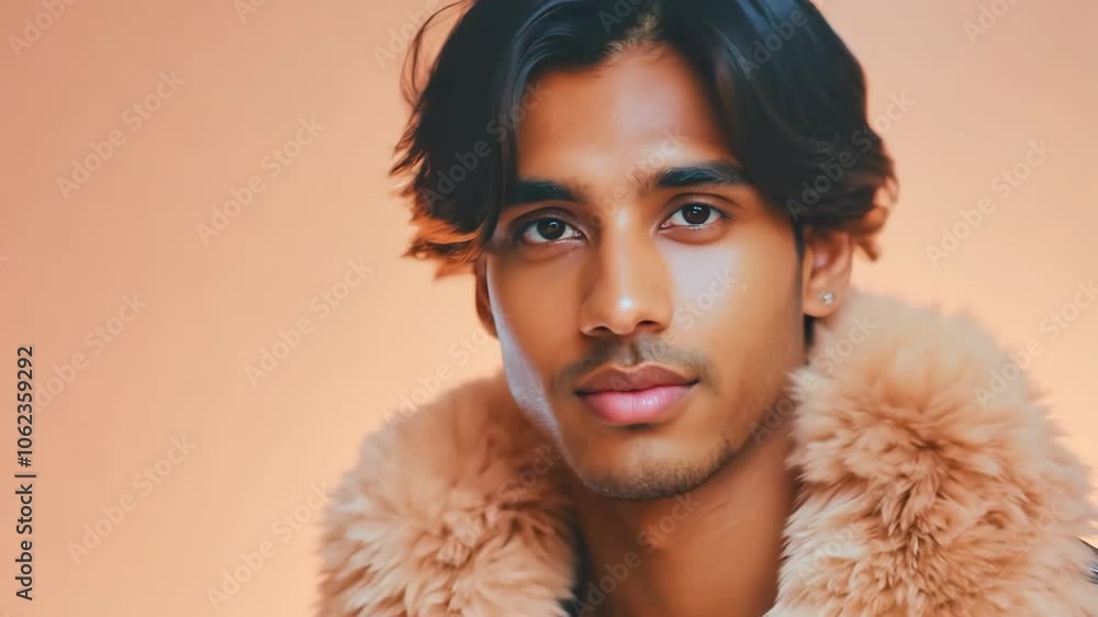 Stylish young man with fur jacket and warm expression against neutral background Stylish young man with fur jacket and warm expression against neutral background