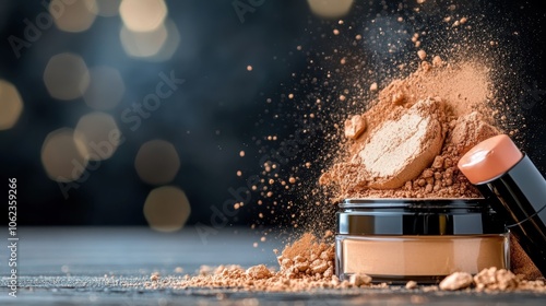 An explosion of compact powder captured against a dark background, revealing the detailed texture of the powdered makeup with a soft bokeh effect adding depth. photo