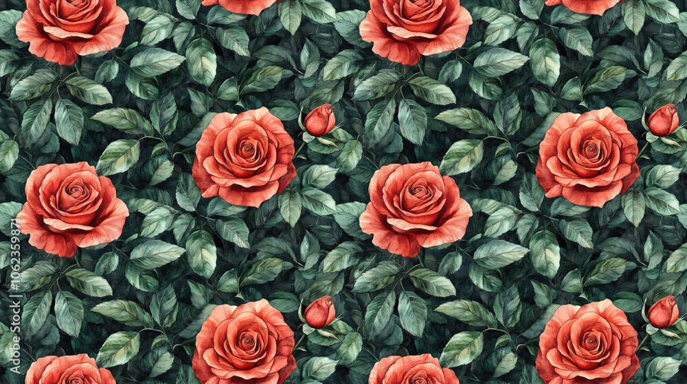Fototapeta premium Seamless watercolor pattern featuring hand drawn red roses amidst lush green leaves botanical design